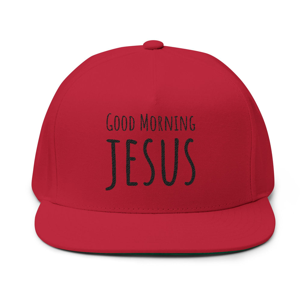 Embroidered Flat Bill Cap — "Good Morning Jesus" Christian Snapback