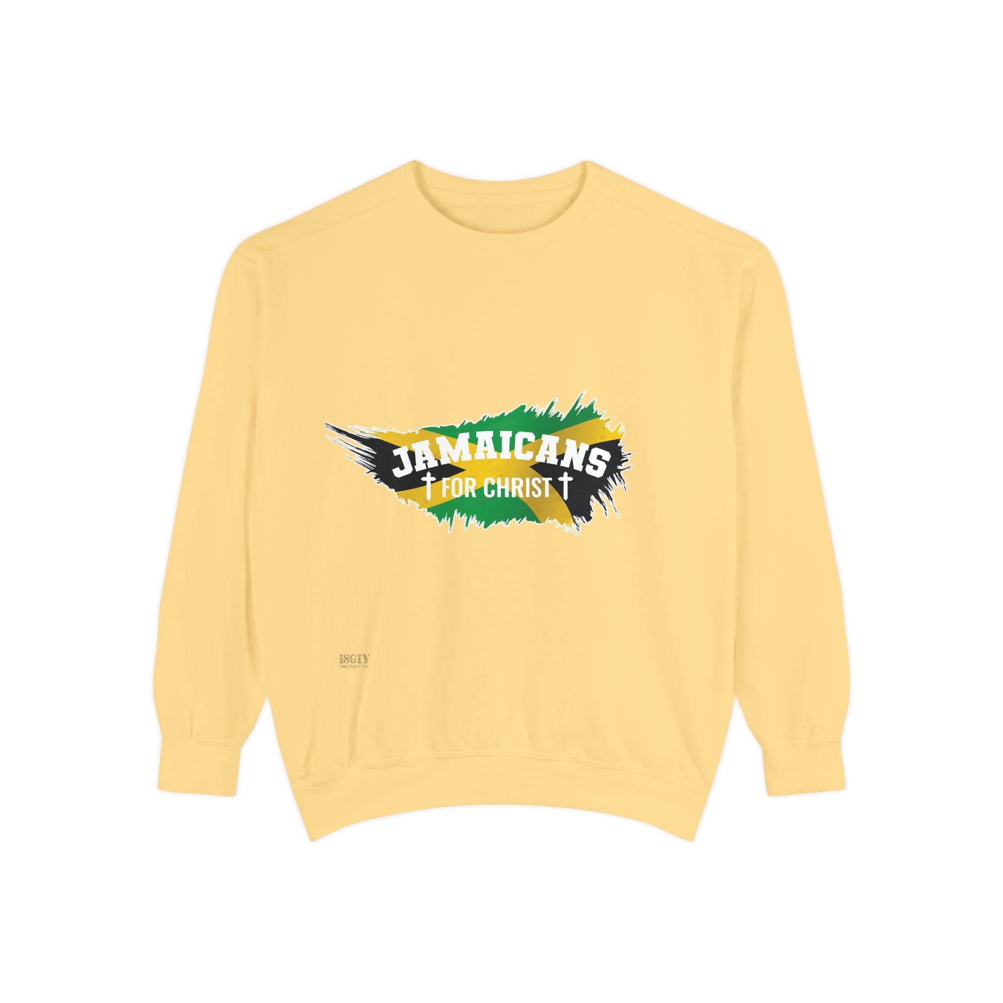 Sweatshirt — "Jamaicans 4 Christ" Graphic Crewneck (Patriotic Jamaican Colors)
