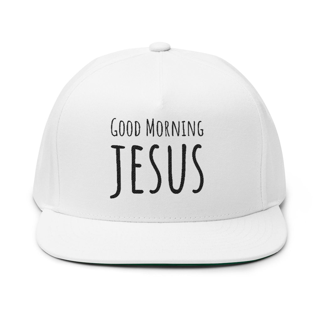 Embroidered Flat Bill Cap — "Good Morning Jesus" Christian Snapback