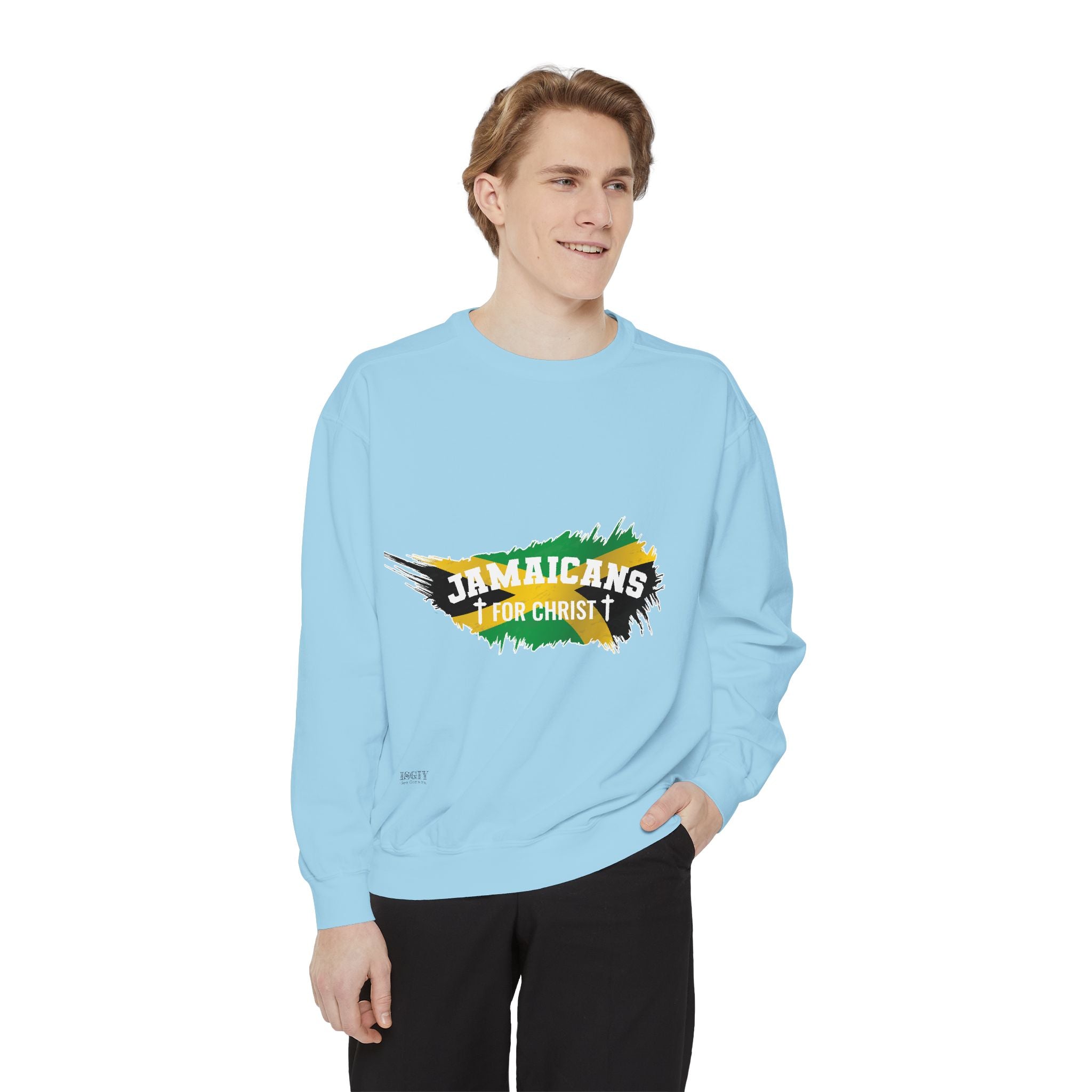 Sweatshirt — "Jamaicans 4 Christ" Graphic Crewneck (Patriotic Jamaican Colors)