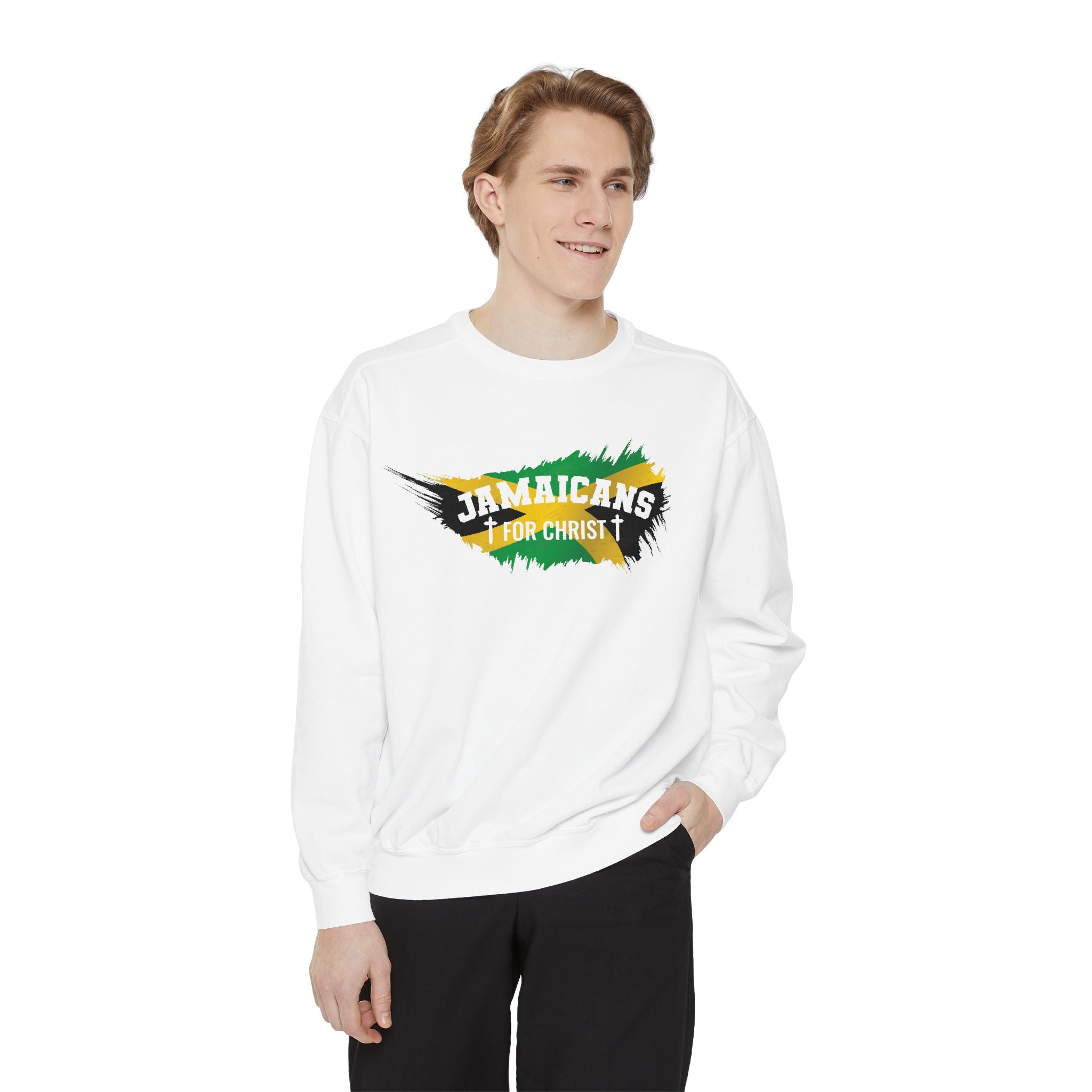 Sweatshirt — "Jamaicans 4 Christ" Graphic Crewneck (Patriotic Jamaican Colors)