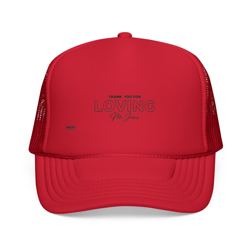 Trucker Cap — "Thank You for Loving Me First" Embroidered Red Mesh Dad Hat