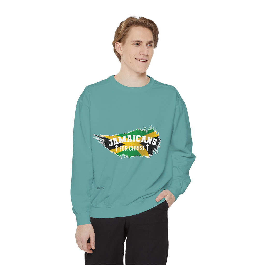 Sweatshirt — "Jamaicans 4 Christ" Graphic Crewneck (Patriotic Jamaican Colors)