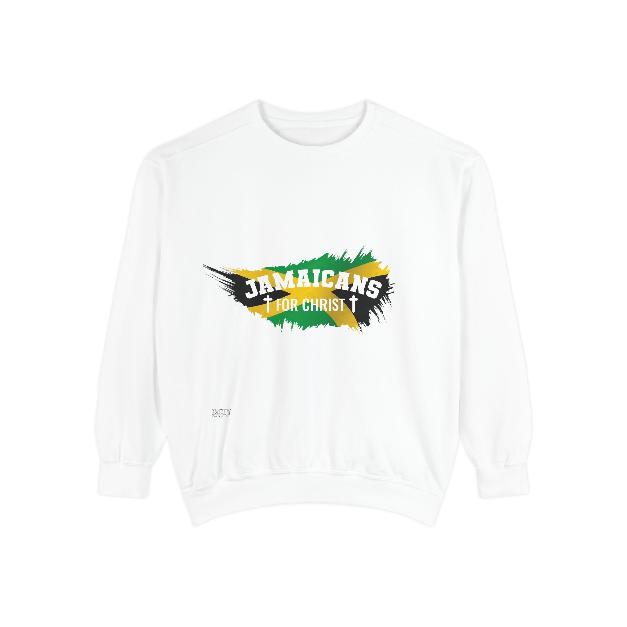 Sweatshirt — "Jamaicans 4 Christ" Graphic Crewneck (Patriotic Jamaican Colors)