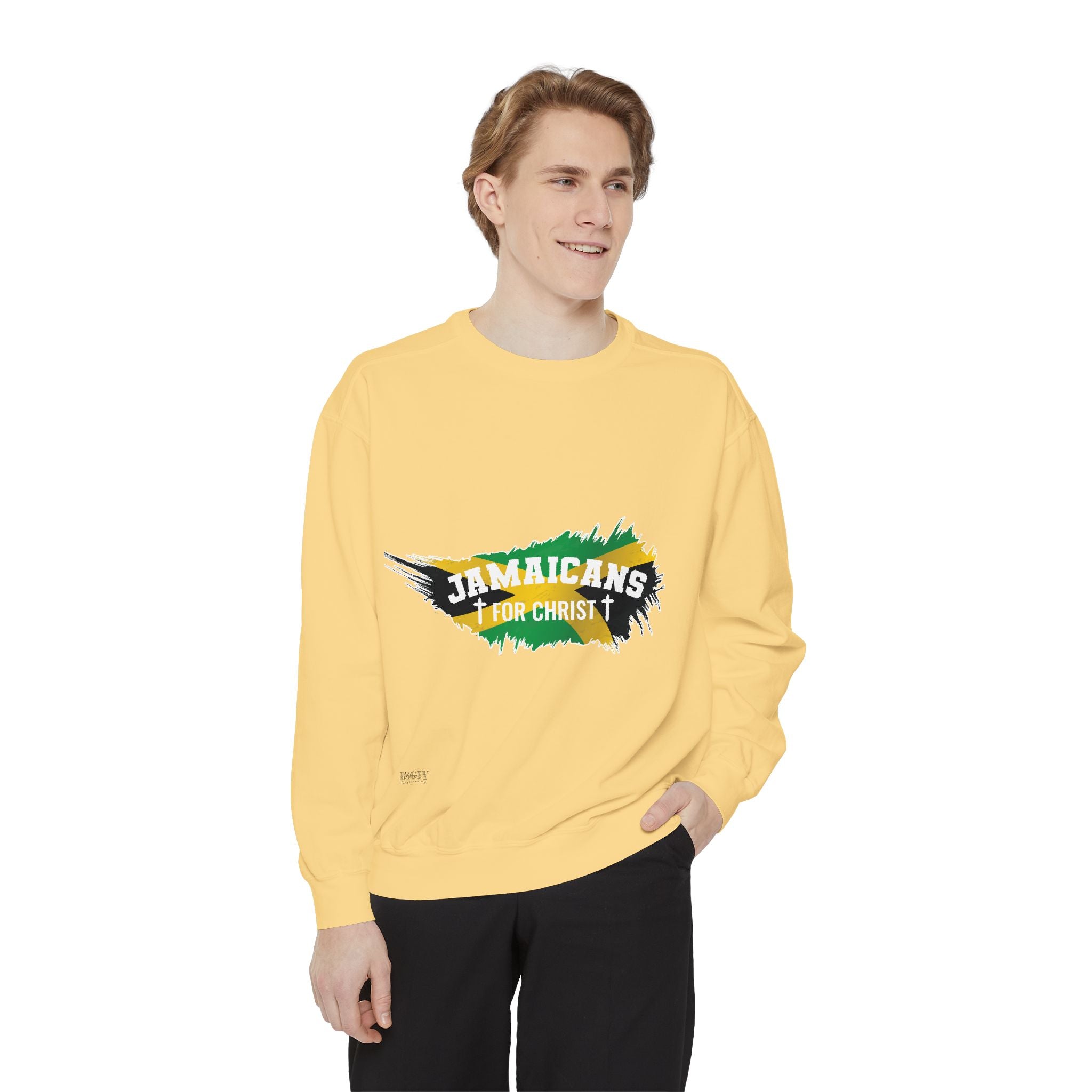 Sweatshirt — "Jamaicans 4 Christ" Graphic Crewneck (Patriotic Jamaican Colors)