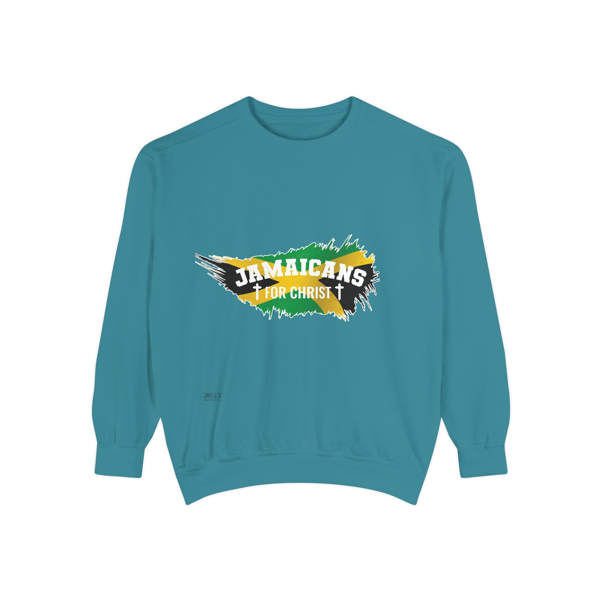 Sweatshirt — "Jamaicans 4 Christ" Graphic Crewneck (Patriotic Jamaican Colors)