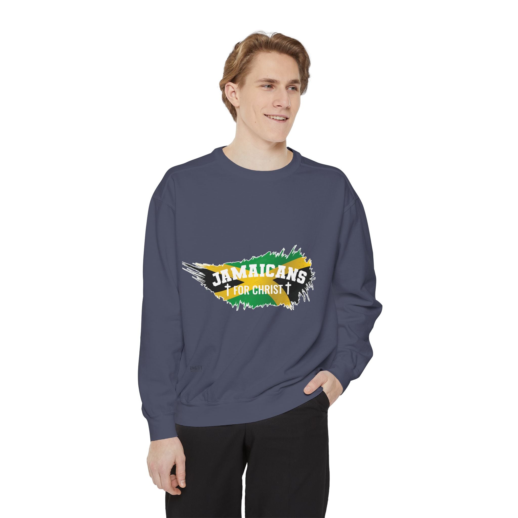 Sweatshirt — "Jamaicans 4 Christ" Graphic Crewneck (Patriotic Jamaican Colors)
