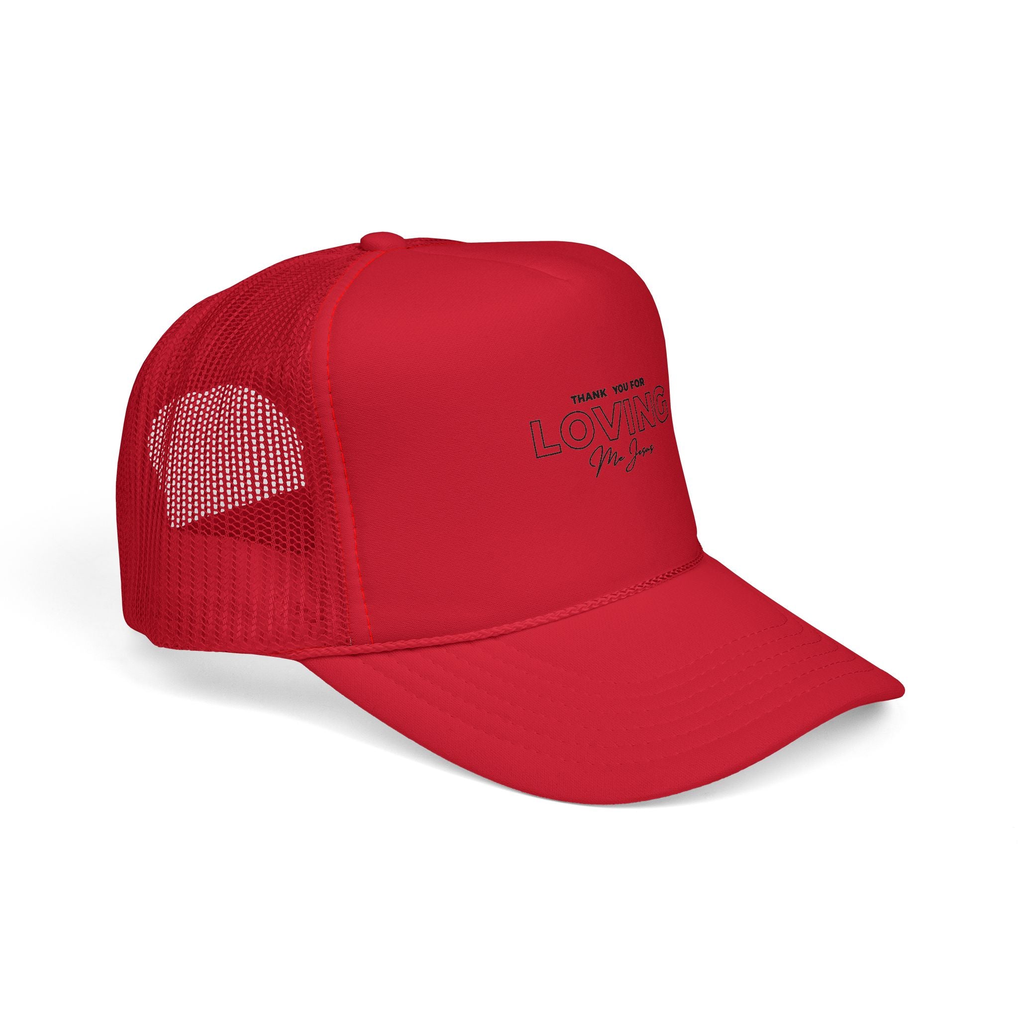 Trucker Cap — "Thank You for Loving Me First" Embroidered Red Mesh Dad Hat