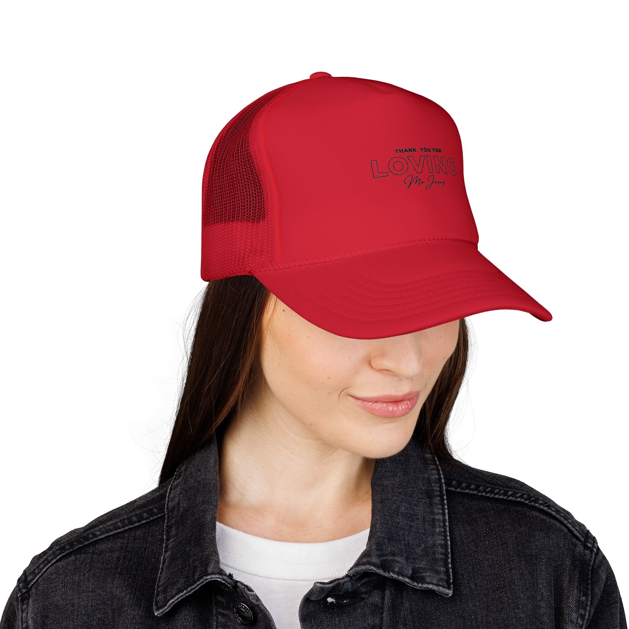 Trucker Cap — "Thank You for Loving Me First" Embroidered Red Mesh Dad Hat