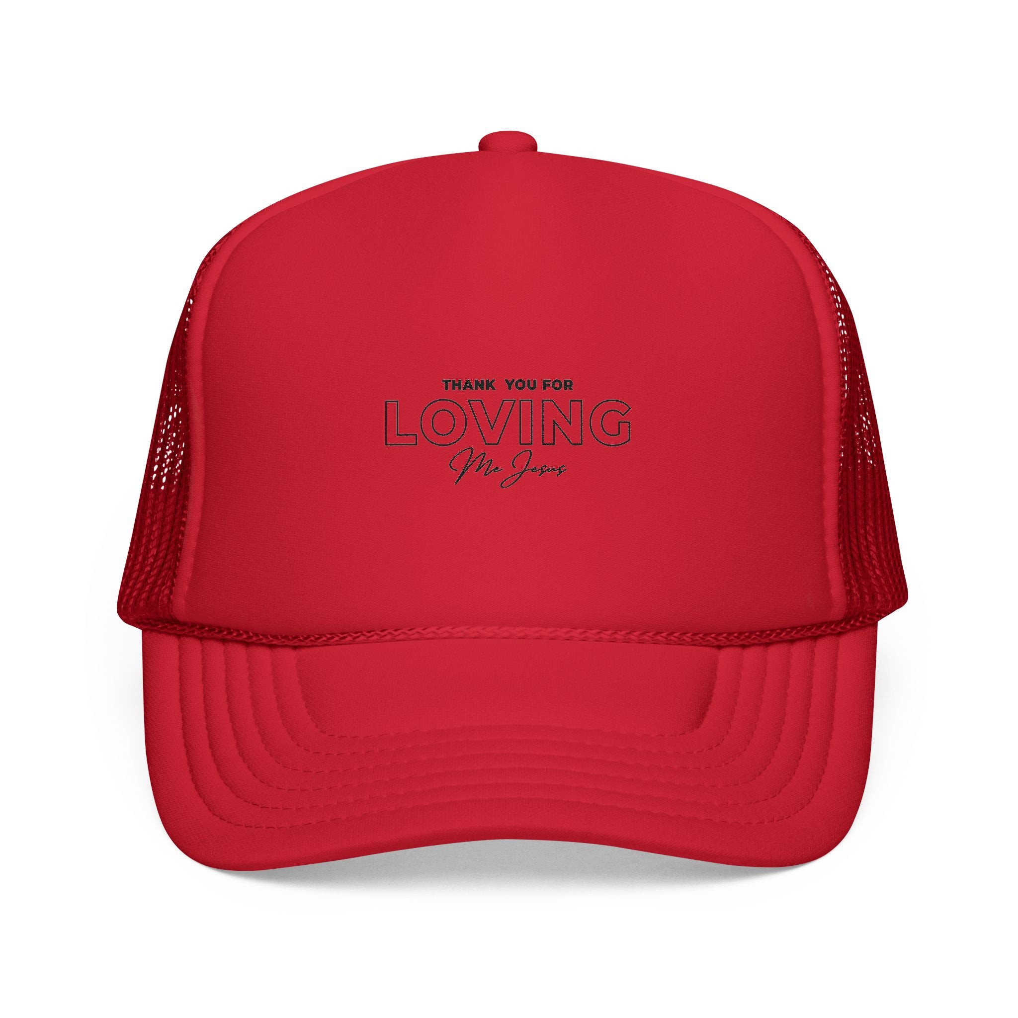 Trucker Cap — "Thank You for Loving Me First" Embroidered Red Mesh Dad Hat