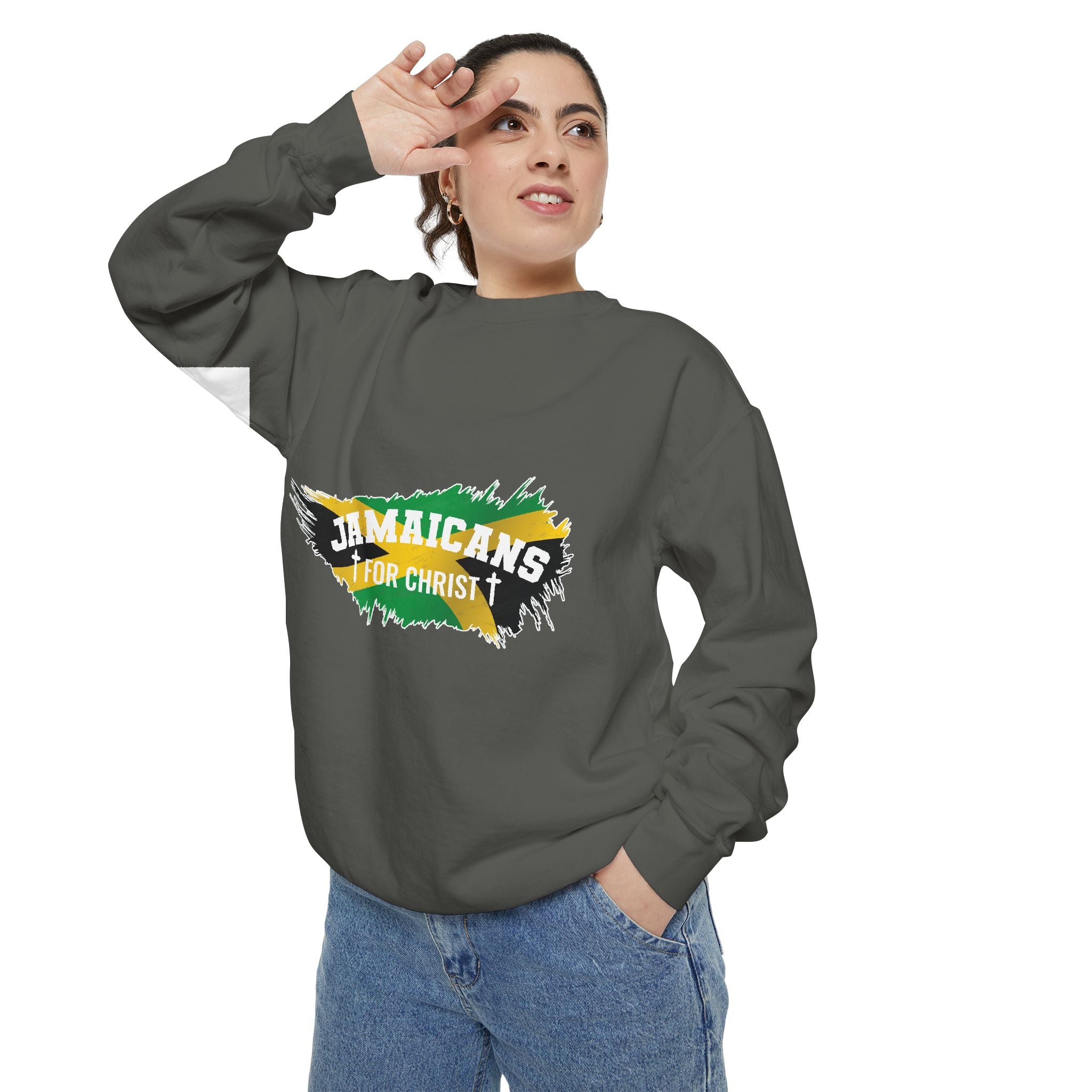 Sweatshirt — "Jamaicans 4 Christ" Graphic Crewneck (Patriotic Jamaican Colors)