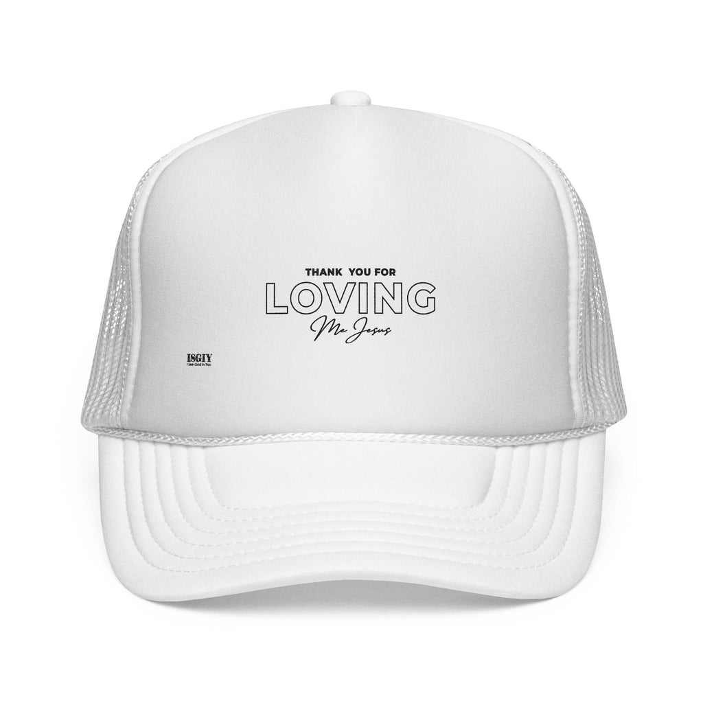 Trucker Cap — "Thank You for Loving Me First" Embroidered Red Mesh Dad Hat