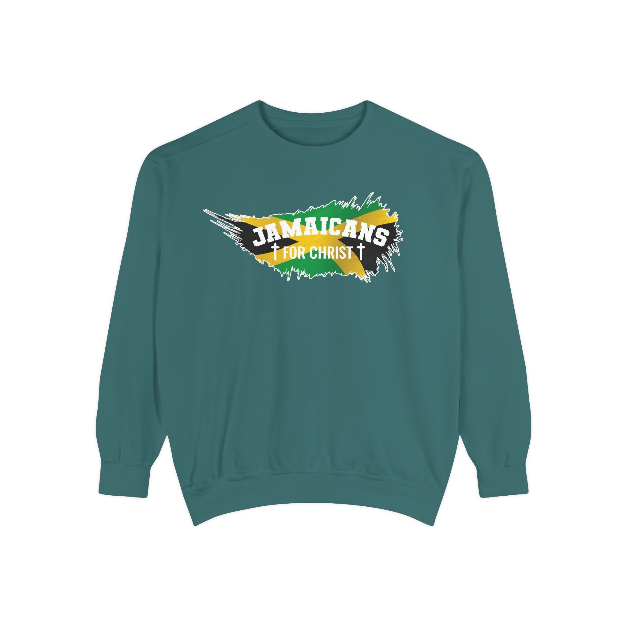 Sweatshirt — "Jamaicans 4 Christ" Graphic Crewneck (Patriotic Jamaican Colors)