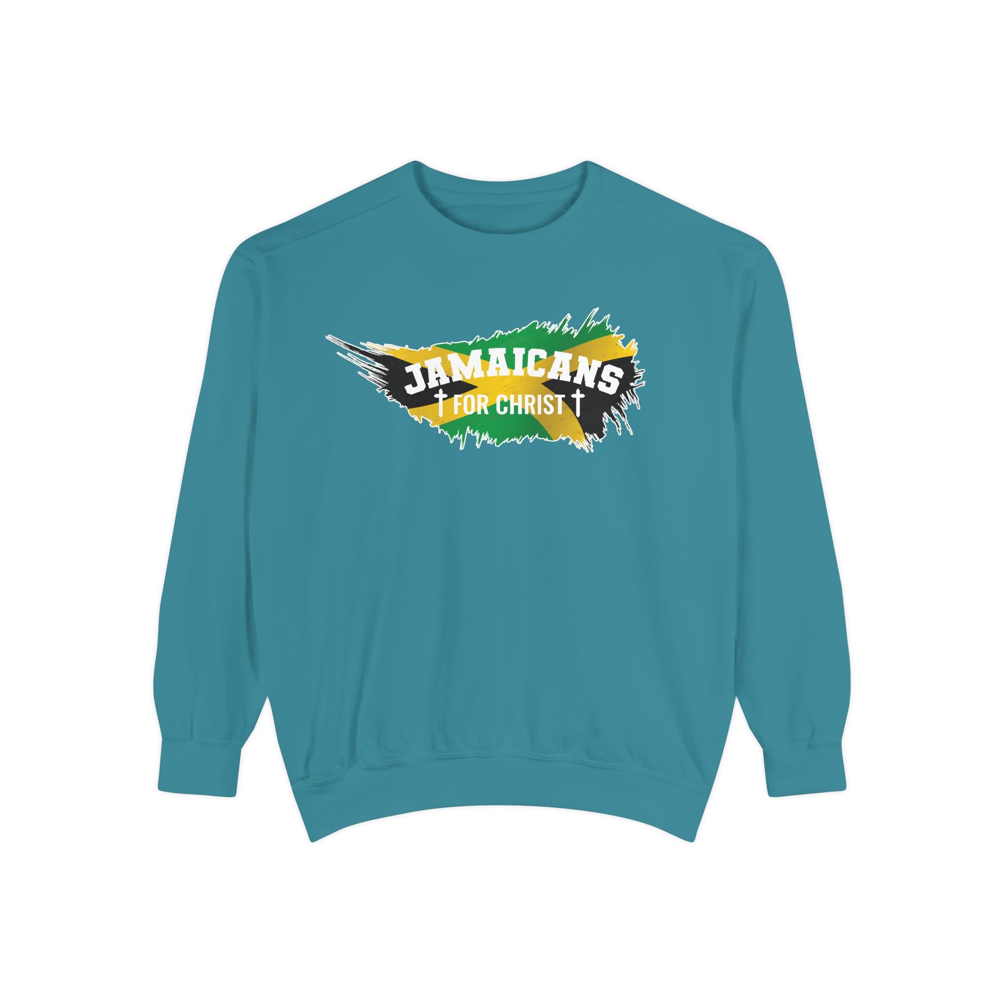 Sweatshirt — "Jamaicans 4 Christ" Graphic Crewneck (Patriotic Jamaican Colors)