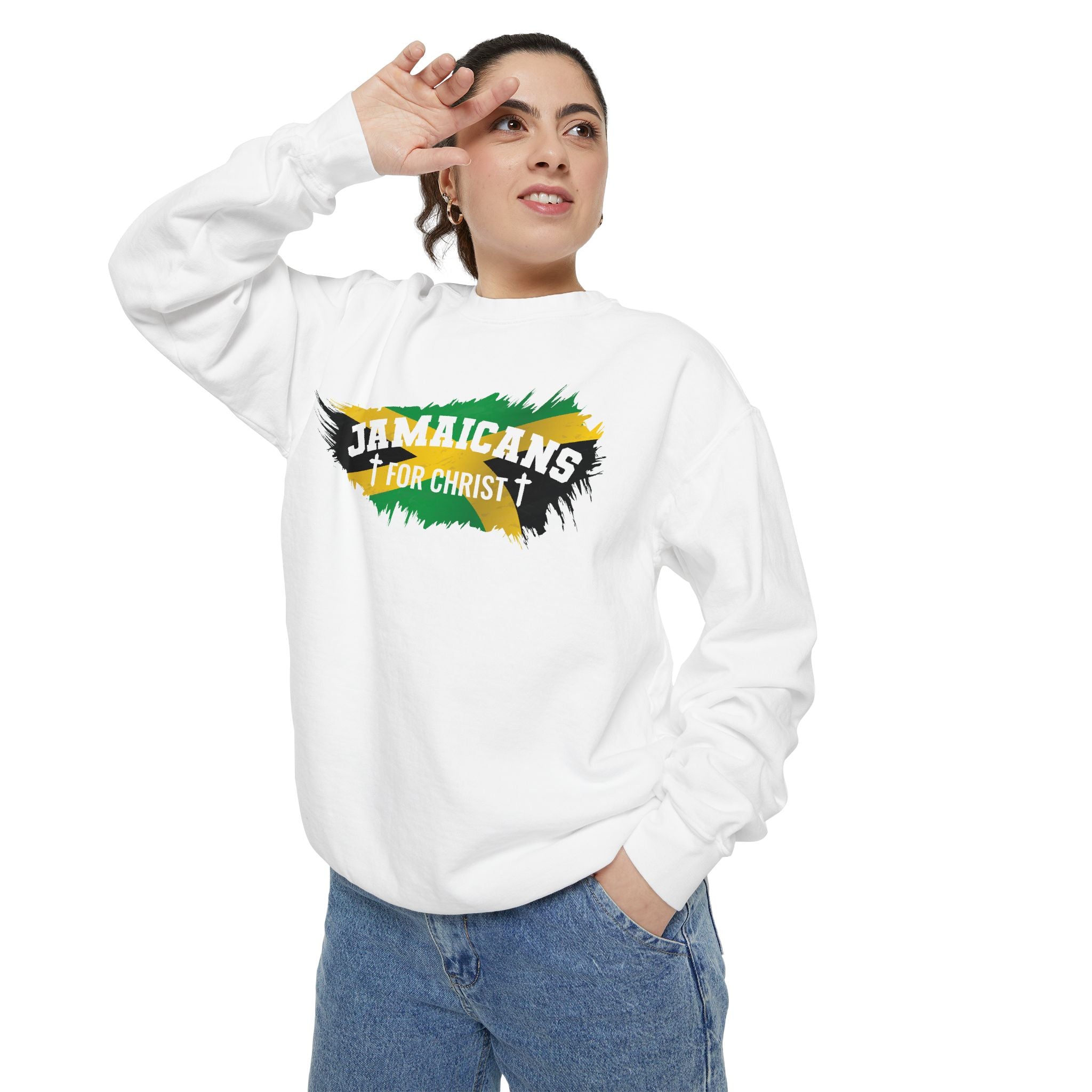 Sweatshirt — "Jamaicans 4 Christ" Graphic Crewneck (Patriotic Jamaican Colors)