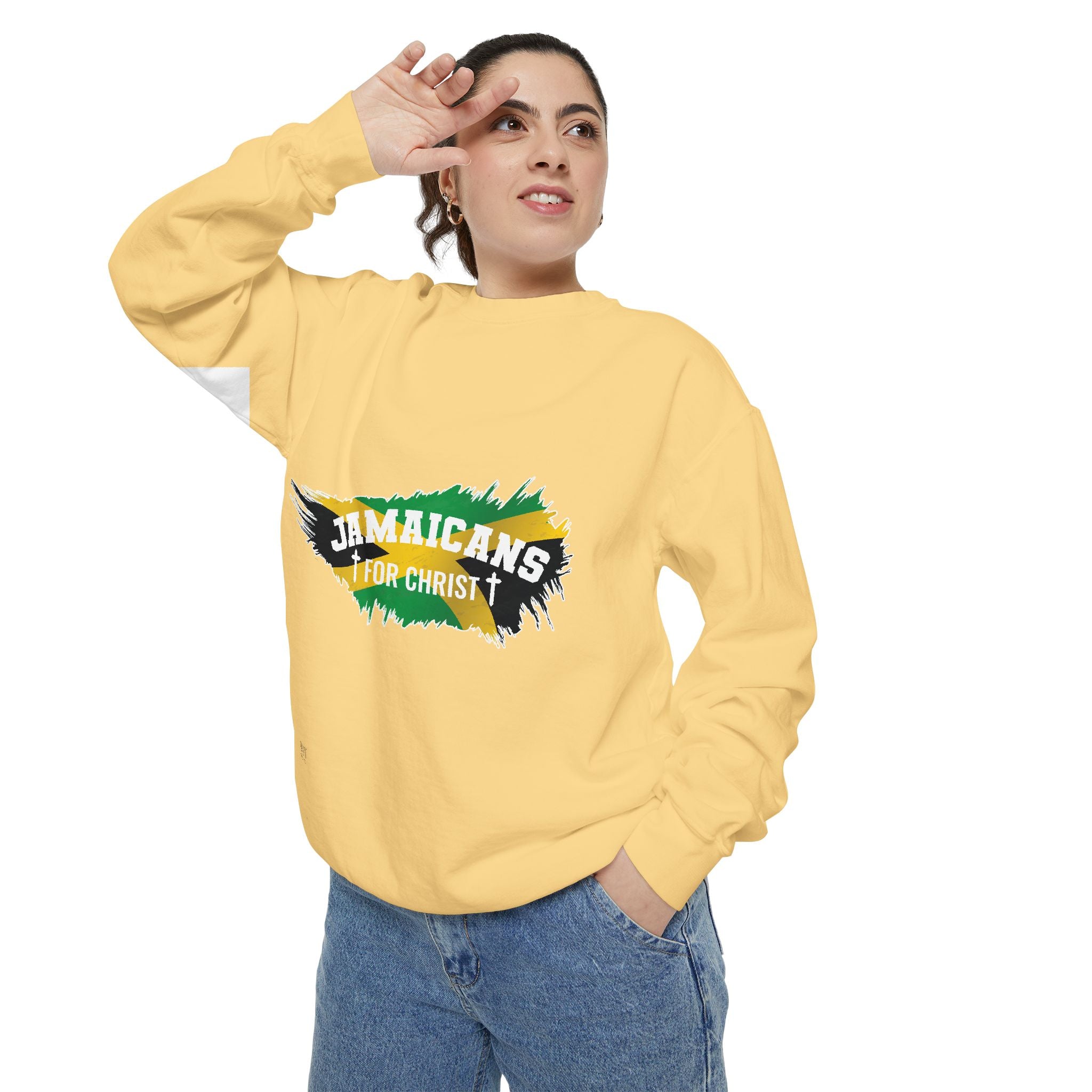 Sweatshirt — "Jamaicans 4 Christ" Graphic Crewneck (Patriotic Jamaican Colors)
