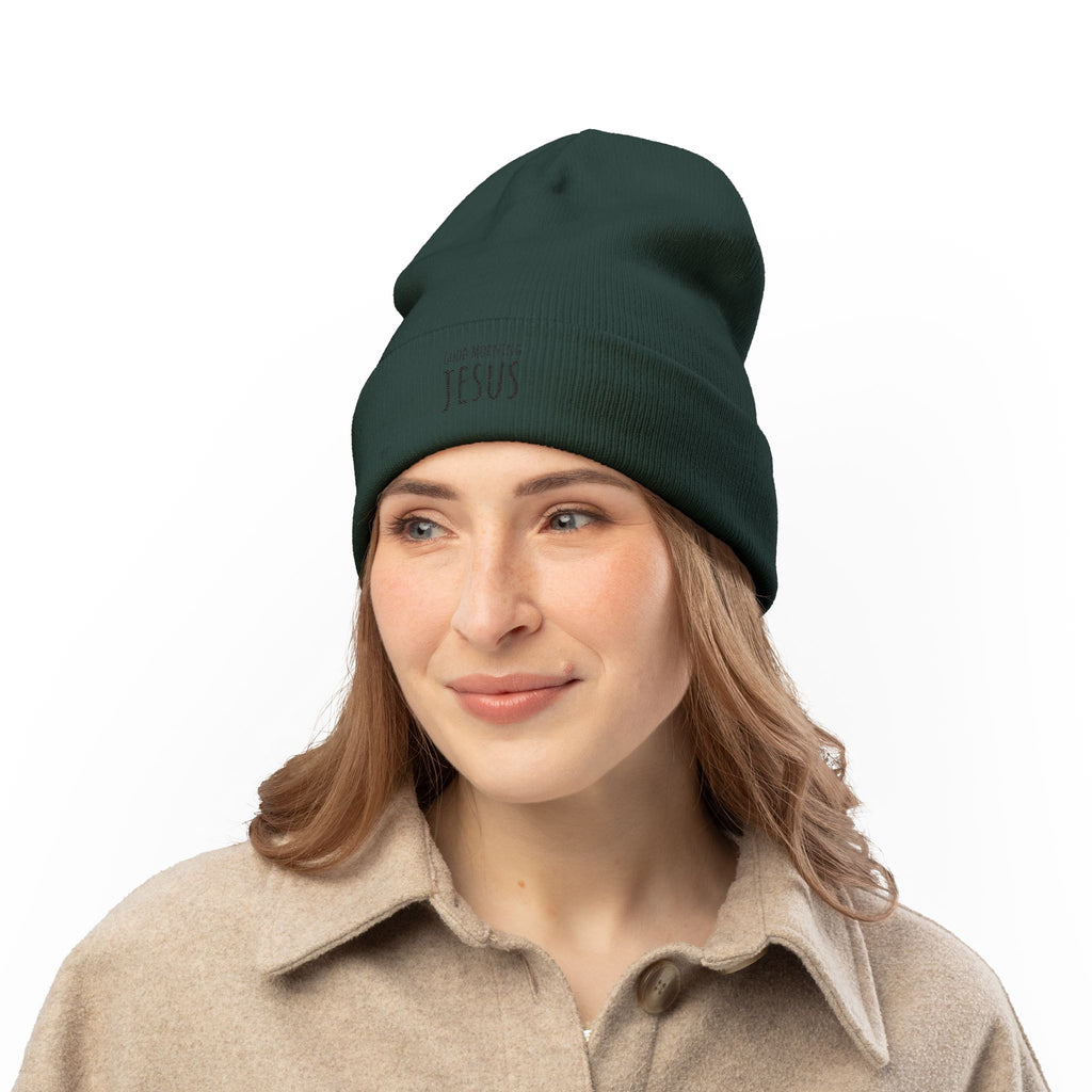 Embroidered "Good Morning Jesus" Knit Beanie