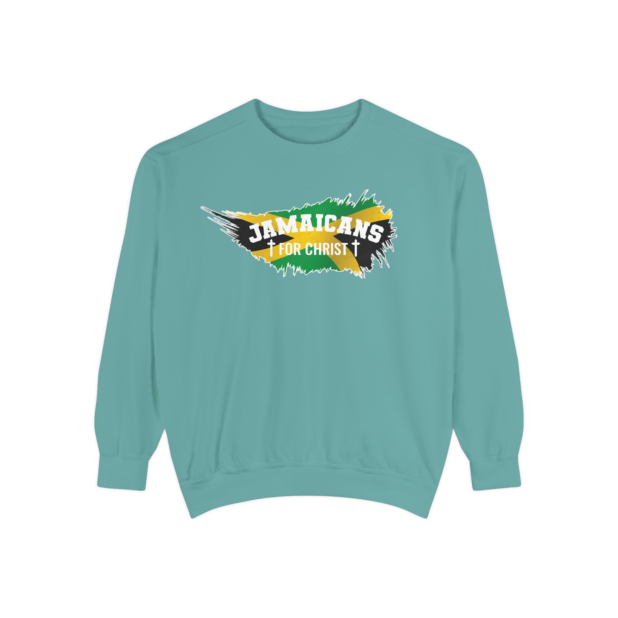 Sweatshirt — "Jamaicans 4 Christ" Graphic Crewneck (Patriotic Jamaican Colors)