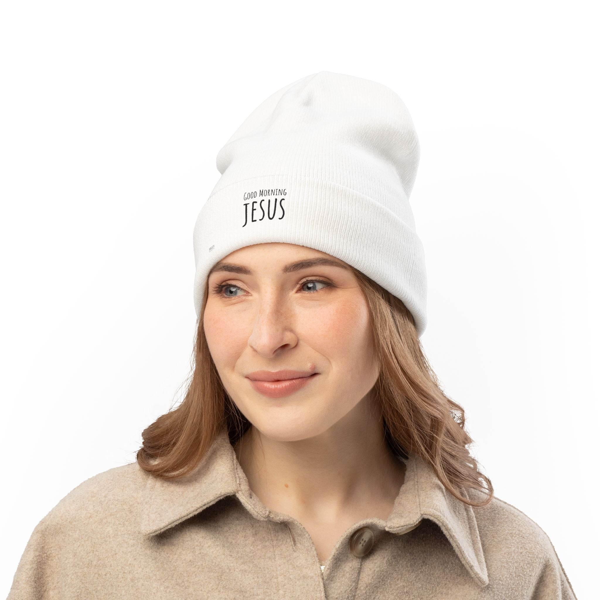 Embroidered "Good Morning Jesus" Knit Beanie