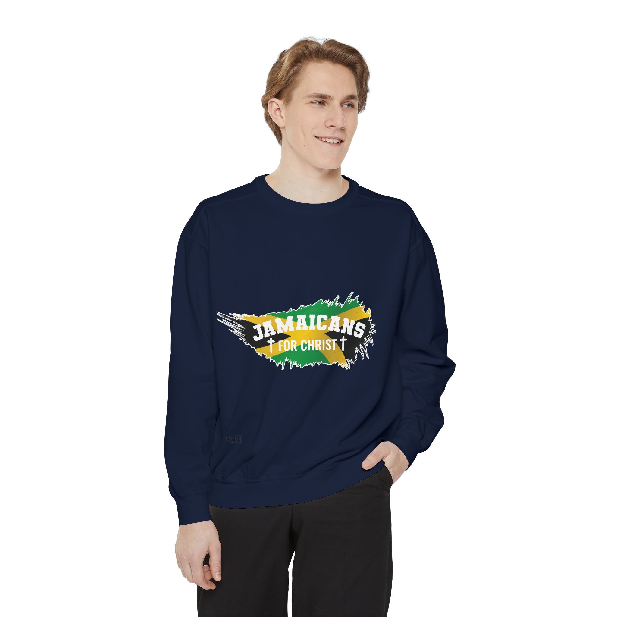 Sweatshirt — "Jamaicans 4 Christ" Graphic Crewneck (Patriotic Jamaican Colors)