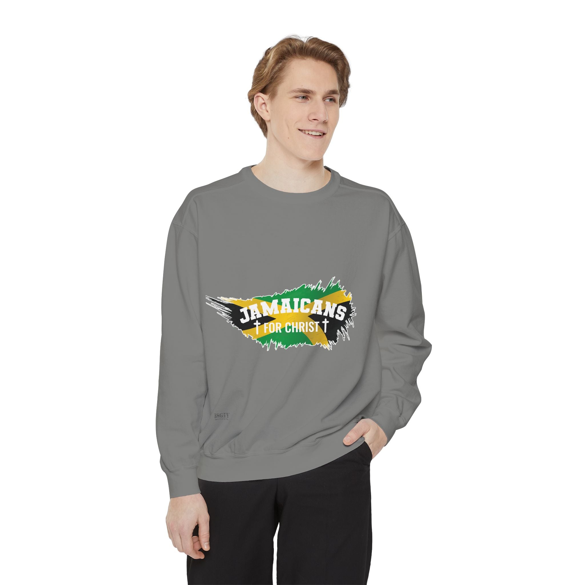 Sweatshirt — "Jamaicans 4 Christ" Graphic Crewneck (Patriotic Jamaican Colors)