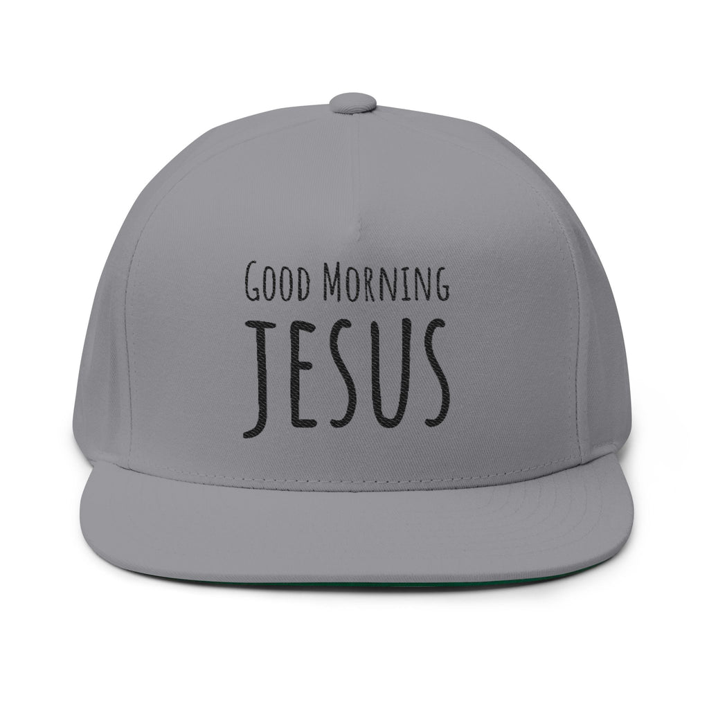 Embroidered Flat Bill Cap — "Good Morning Jesus" Christian Snapback