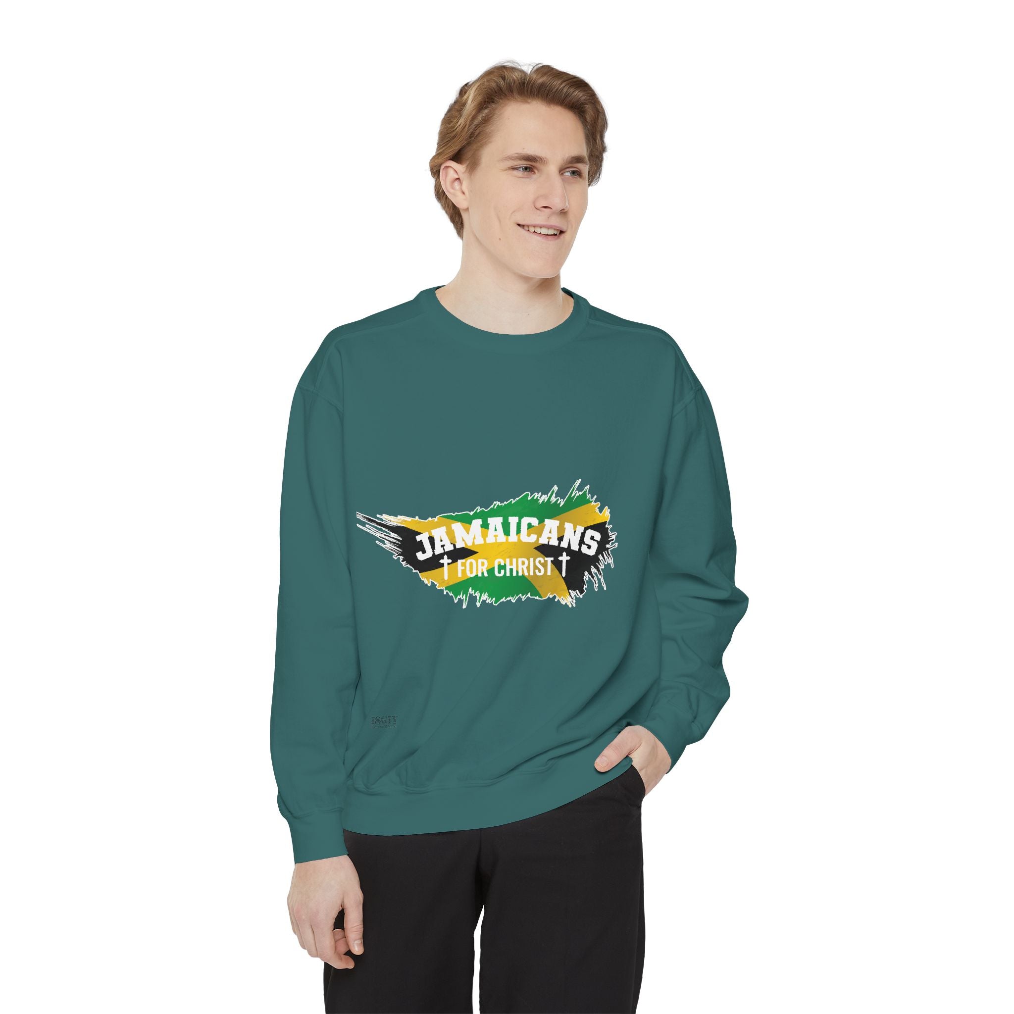 Sweatshirt — "Jamaicans 4 Christ" Graphic Crewneck (Patriotic Jamaican Colors)